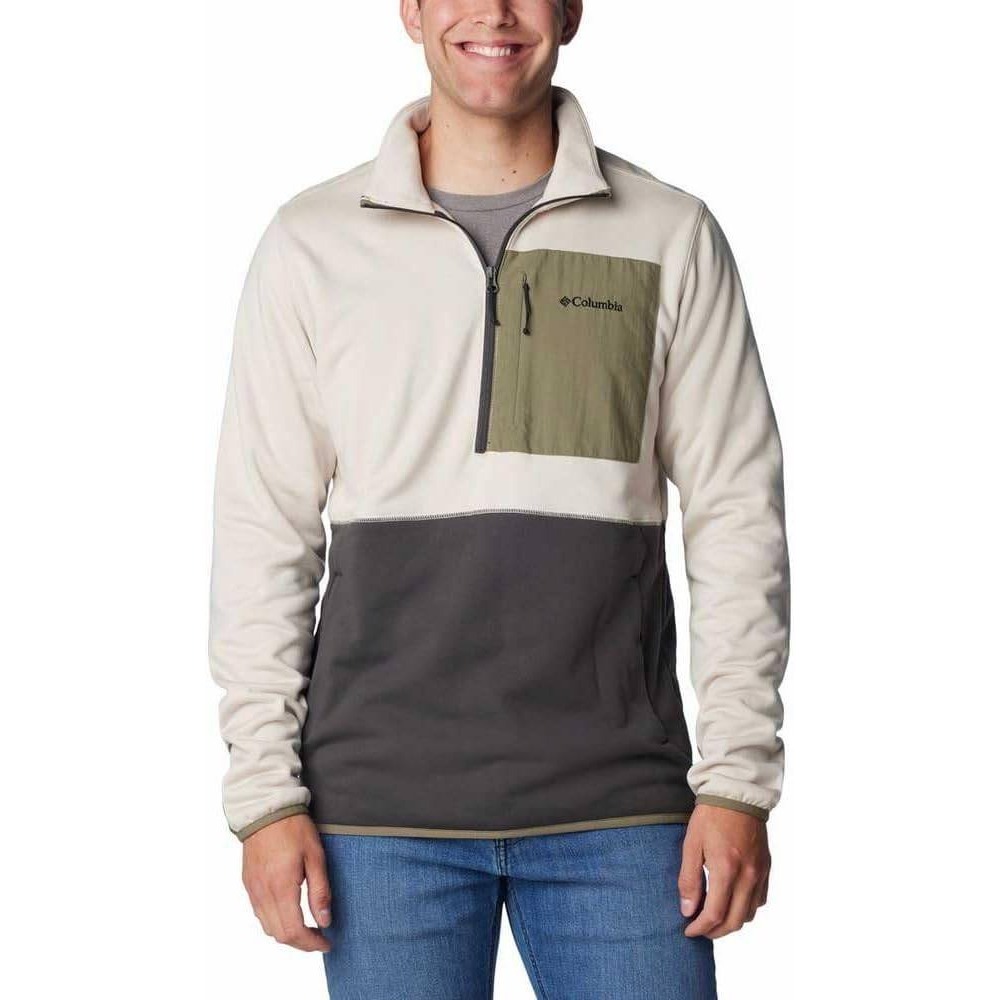 Columbia Mens XL Colorblock Fleece Quarter Zip Pullover Cream Charcoal Green